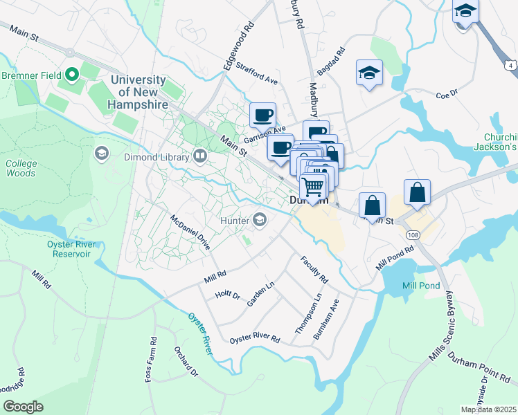 map of restaurants, bars, coffee shops, grocery stores, and more near Quad Way in Durham