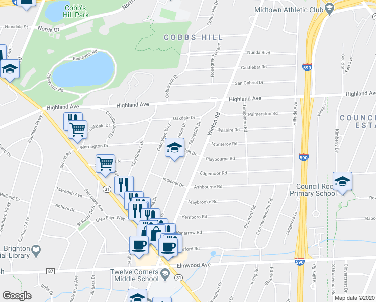 map of restaurants, bars, coffee shops, grocery stores, and more near Rhinecliff Drive in Rochester
