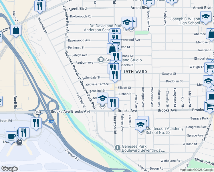 map of restaurants, bars, coffee shops, grocery stores, and more near 32 Midvale Terrace in Rochester
