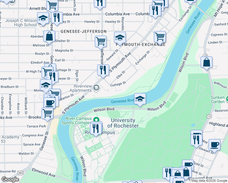 map of restaurants, bars, coffee shops, grocery stores, and more near 7 Utica Place in Rochester