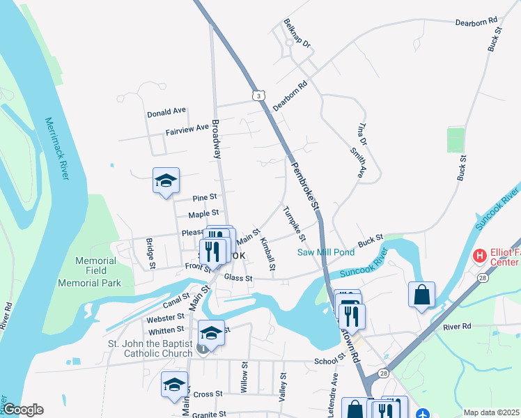 map of restaurants, bars, coffee shops, grocery stores, and more near 17 Broadway in Pembroke