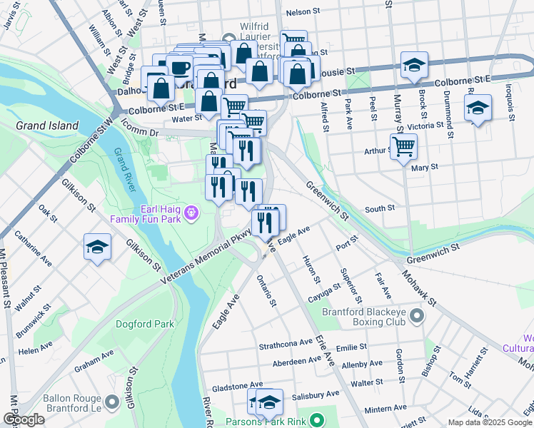 map of restaurants, bars, coffee shops, grocery stores, and more near 42 Erie Avenue in Brantford