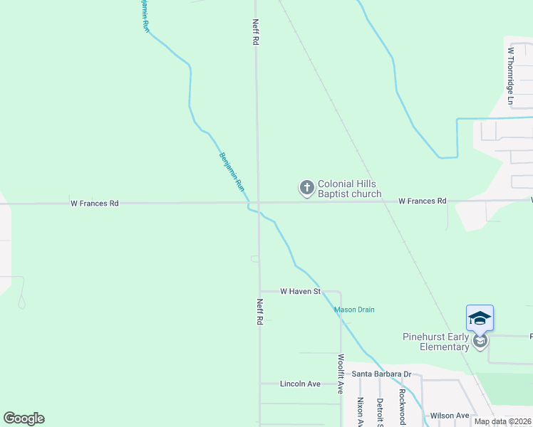 map of restaurants, bars, coffee shops, grocery stores, and more near 1495 West Frances Road in Mount Morris