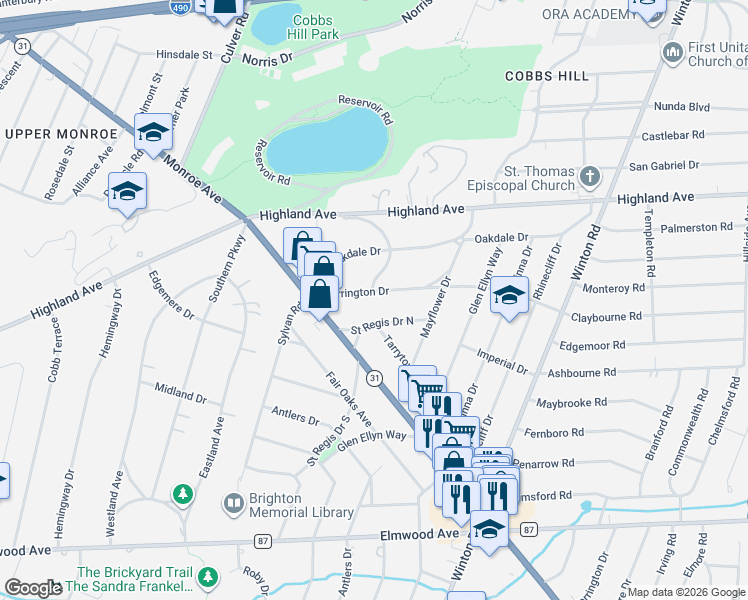 map of restaurants, bars, coffee shops, grocery stores, and more near 109 Warrington Drive in Rochester