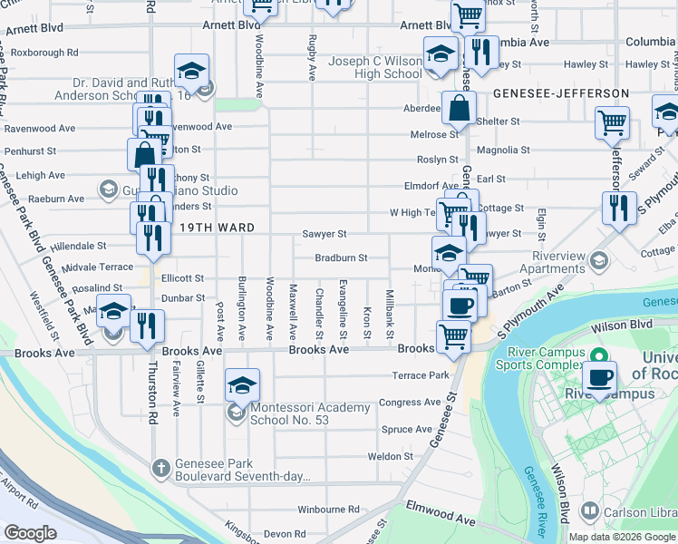 map of restaurants, bars, coffee shops, grocery stores, and more near 59 Bradburn Street in Rochester