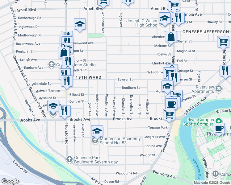 map of restaurants, bars, coffee shops, grocery stores, and more near 45 Maxwell Avenue in Rochester