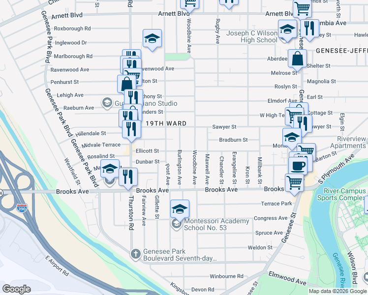 map of restaurants, bars, coffee shops, grocery stores, and more near 627 Woodbine Avenue in Rochester