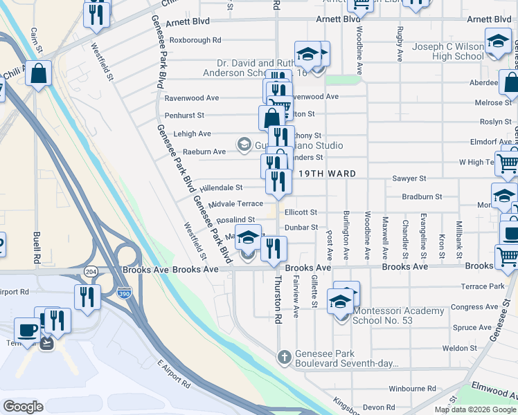 map of restaurants, bars, coffee shops, grocery stores, and more near 32 Midvale Terrace in Rochester