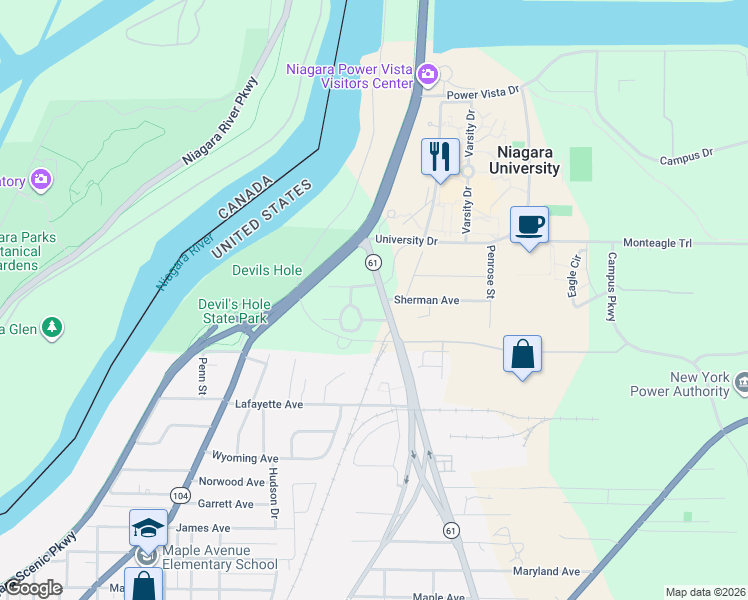 map of restaurants, bars, coffee shops, grocery stores, and more near 5962 Hyde Park Boulevard in Niagara Falls