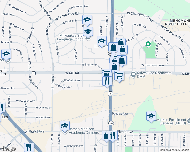 map of restaurants, bars, coffee shops, grocery stores, and more near 7719 West Mill Road in Milwaukee