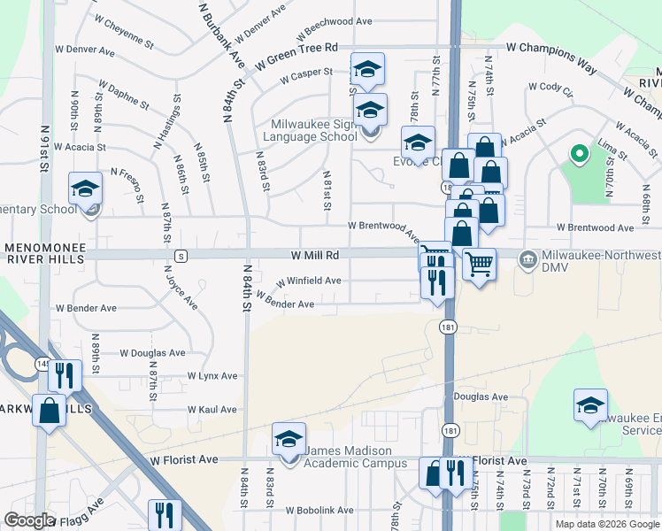 map of restaurants, bars, coffee shops, grocery stores, and more near in Milwaukee