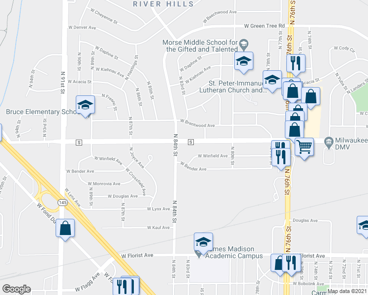 map of restaurants, bars, coffee shops, grocery stores, and more near in Milwaukee