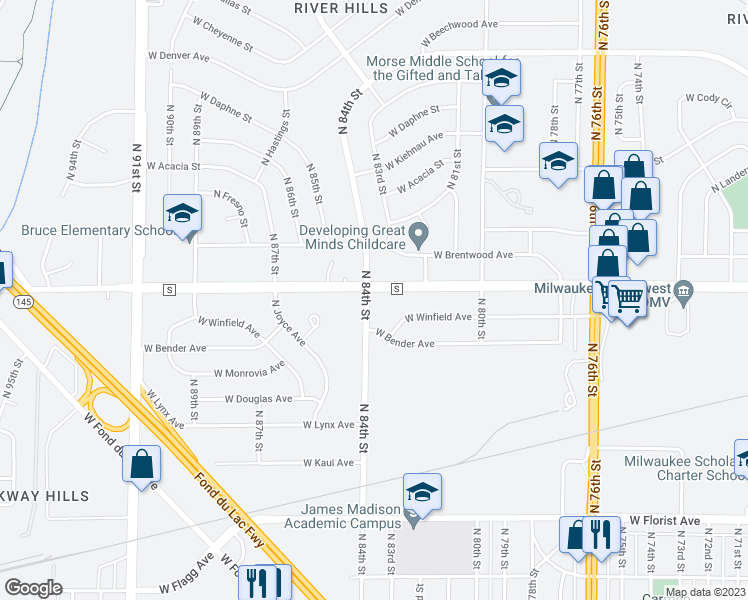 map of restaurants, bars, coffee shops, grocery stores, and more near in Milwaukee