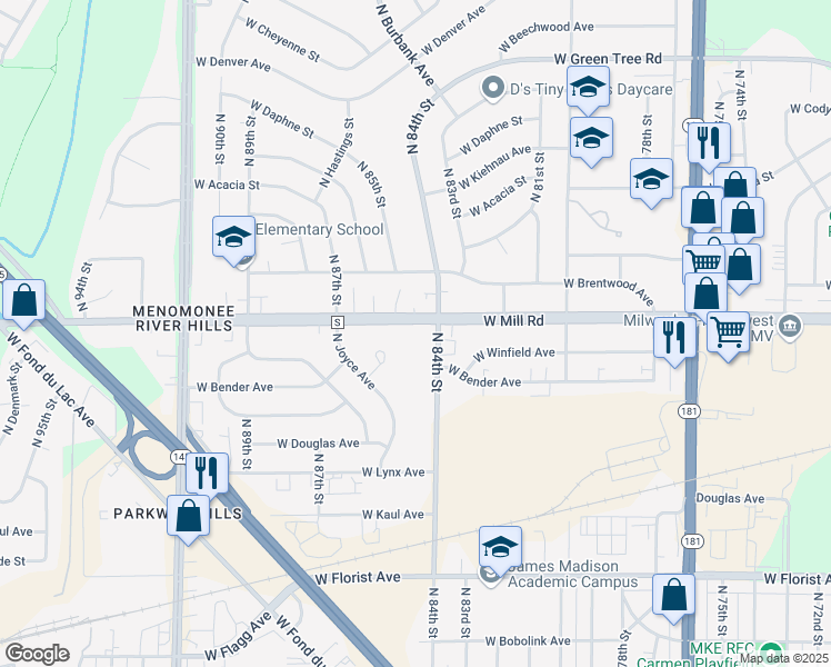 map of restaurants, bars, coffee shops, grocery stores, and more near 8447 West Mill Road in Milwaukee