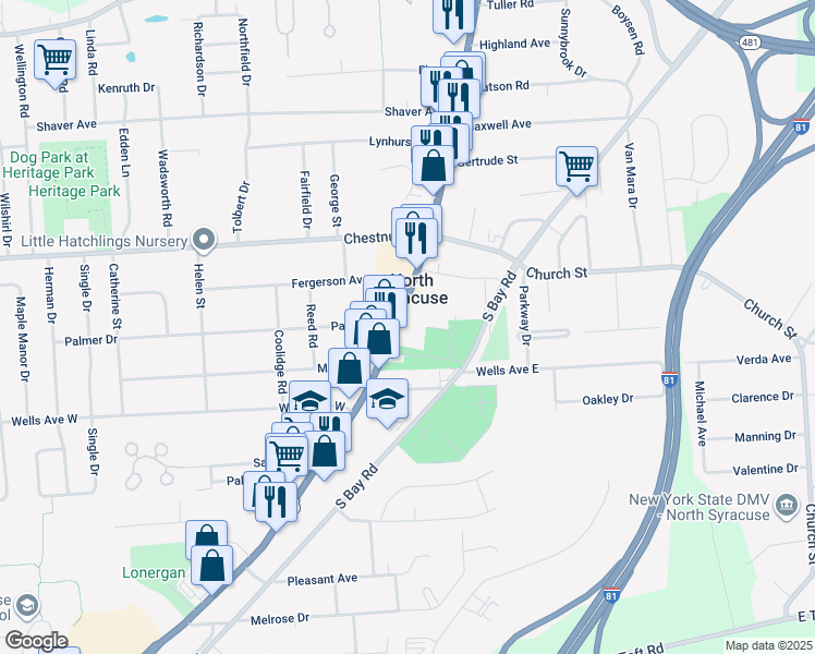 map of restaurants, bars, coffee shops, grocery stores, and more near 201 Route 11 in North Syracuse