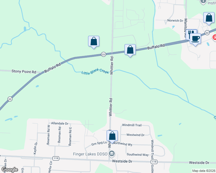 map of restaurants, bars, coffee shops, grocery stores, and more near 62 Whittier Road in Rochester