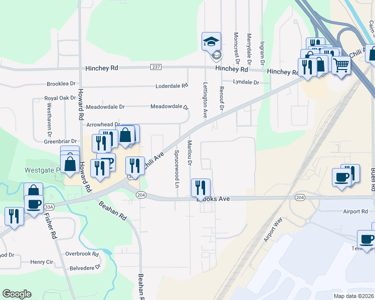 map of restaurants, bars, coffee shops, grocery stores, and more near 4 Marilou Drive in Rochester