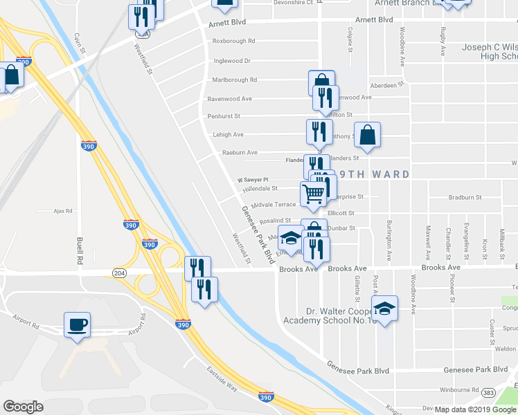 map of restaurants, bars, coffee shops, grocery stores, and more near 133 Midvale Terrace in Rochester