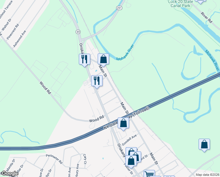 map of restaurants, bars, coffee shops, grocery stores, and more near 293 Main Street in Whitesboro