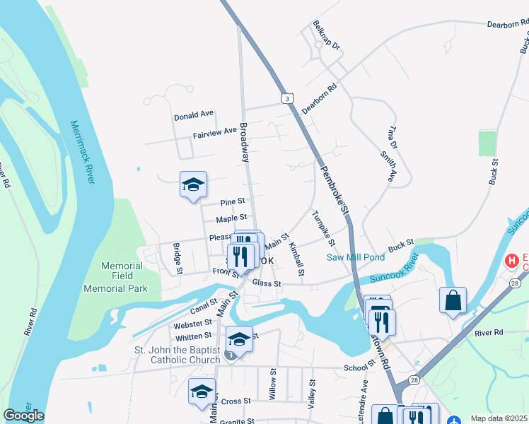 map of restaurants, bars, coffee shops, grocery stores, and more near 17 Broadway in Pembroke