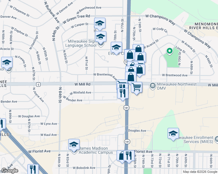 map of restaurants, bars, coffee shops, grocery stores, and more near 7719 West Mill Road in Milwaukee
