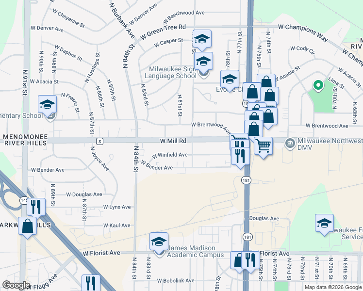 map of restaurants, bars, coffee shops, grocery stores, and more near in Milwaukee