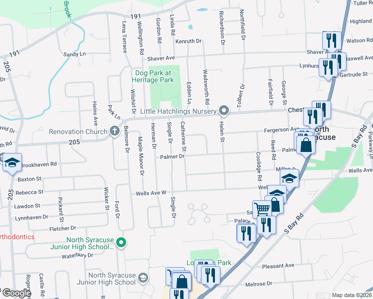 map of restaurants, bars, coffee shops, grocery stores, and more near 119 Catherine Street in North Syracuse