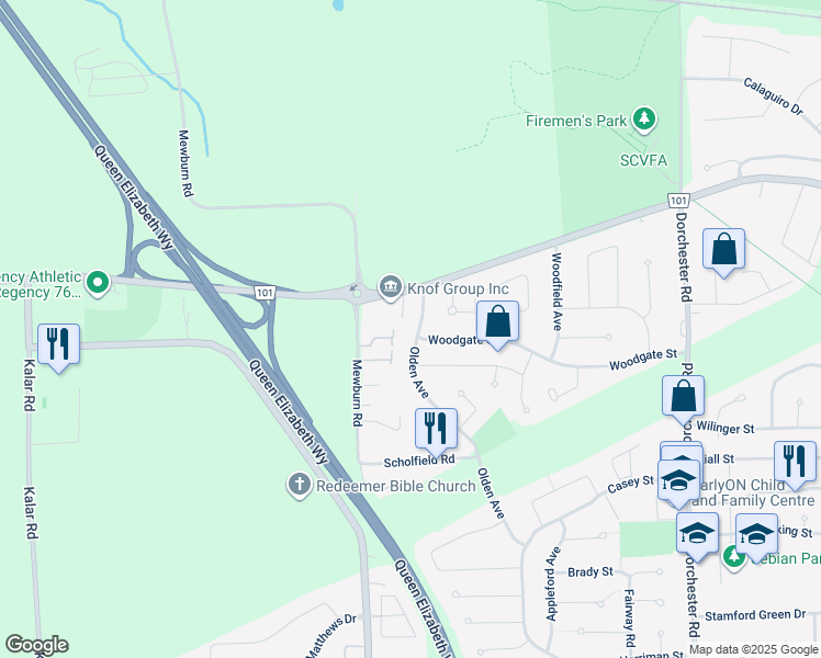 map of restaurants, bars, coffee shops, grocery stores, and more near 2663 Olden Avenue in Niagara Falls