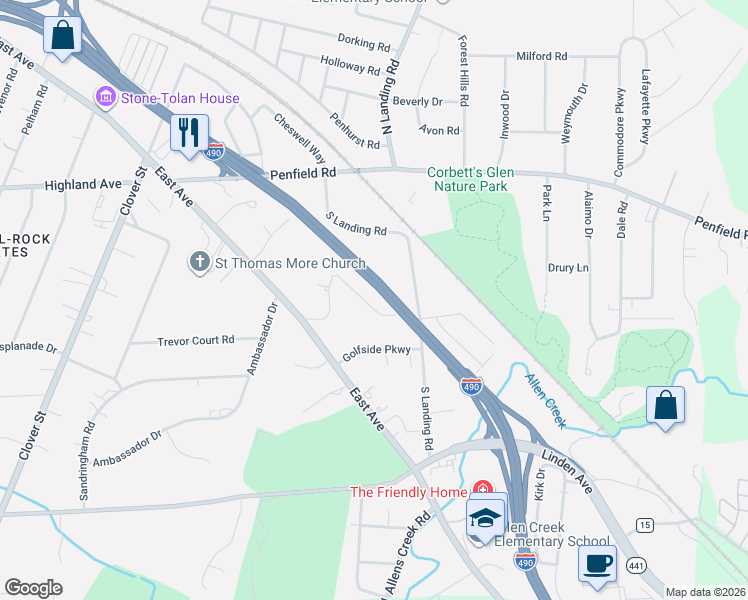 map of restaurants, bars, coffee shops, grocery stores, and more near 174 Oak Lane in Rochester
