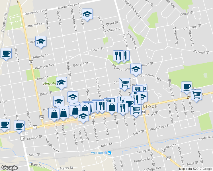 map of restaurants, bars, coffee shops, grocery stores, and more near 596 Canterbury Street in Woodstock