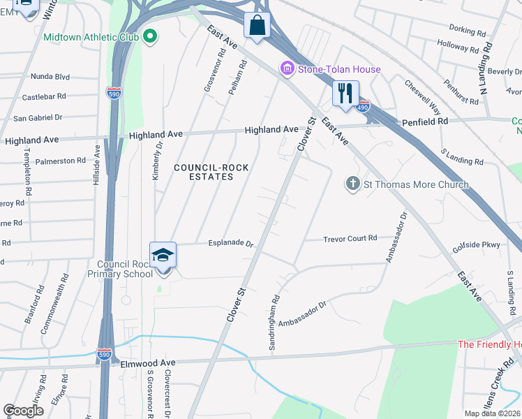 map of restaurants, bars, coffee shops, grocery stores, and more near 1253 Clover Street in Rochester