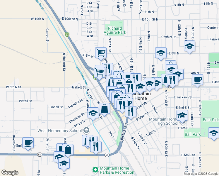 map of restaurants, bars, coffee shops, grocery stores, and more near 470 North Main Street in Mountain Home