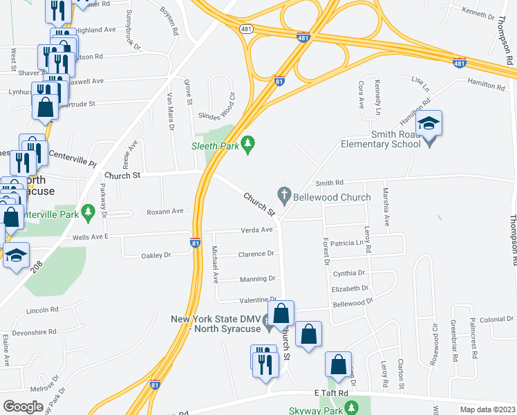map of restaurants, bars, coffee shops, grocery stores, and more near 438 Church Street in North Syracuse