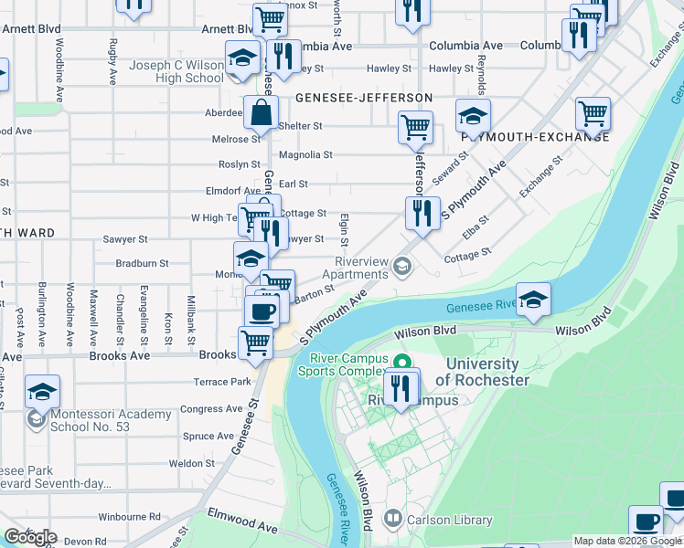 map of restaurants, bars, coffee shops, grocery stores, and more near 748 Seward Street in Rochester