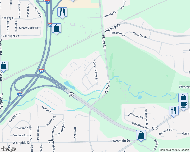 map of restaurants, bars, coffee shops, grocery stores, and more near 109 Hidden Valley Road in Rochester