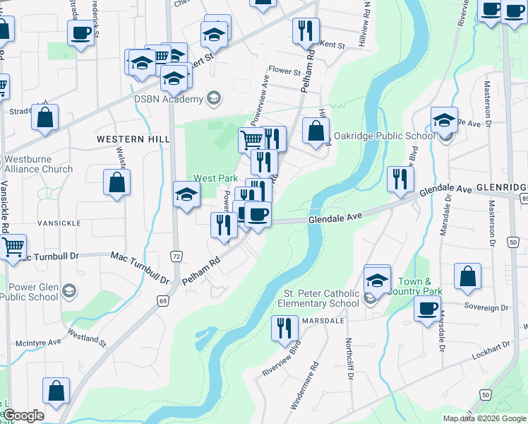 map of restaurants, bars, coffee shops, grocery stores, and more near in St. Catharines