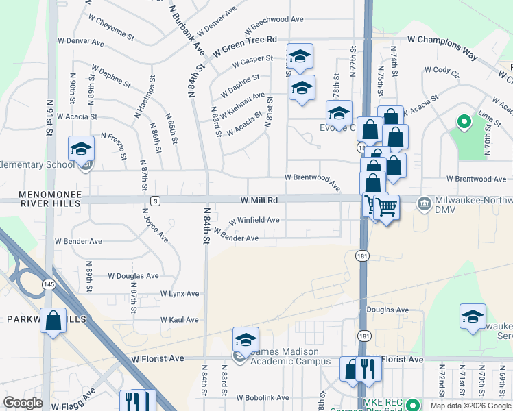 map of restaurants, bars, coffee shops, grocery stores, and more near 8121 West Mill Road in Milwaukee