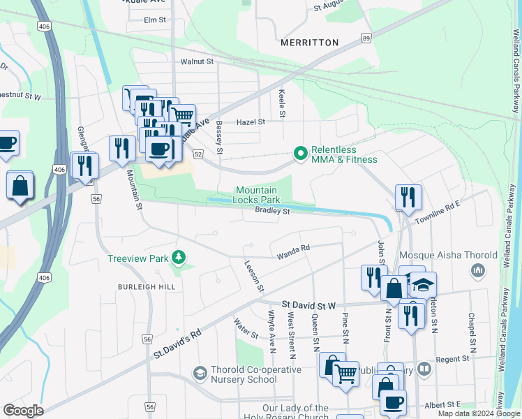 map of restaurants, bars, coffee shops, grocery stores, and more near Bradley Street in St. Catharines