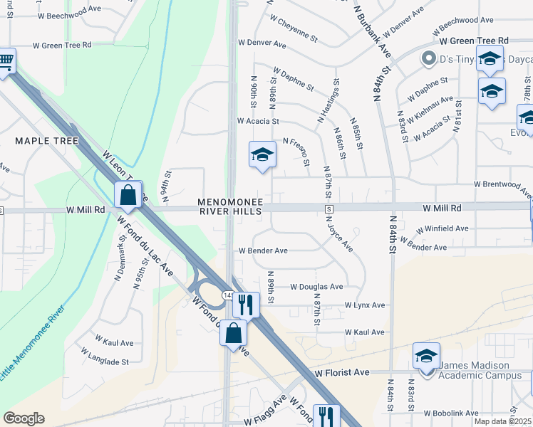 map of restaurants, bars, coffee shops, grocery stores, and more near 8907 West Mill Road in Milwaukee