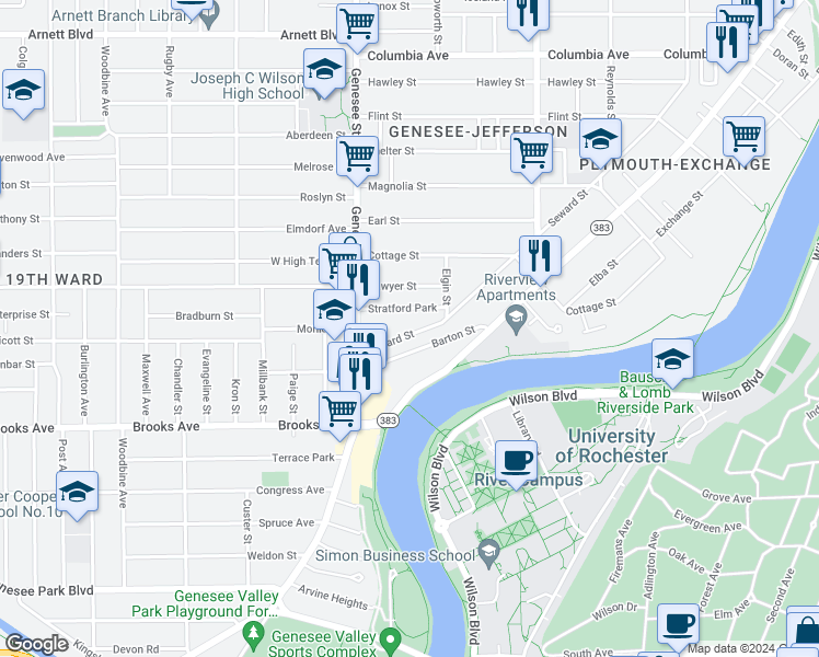 map of restaurants, bars, coffee shops, grocery stores, and more near 805 Seward Street in Rochester