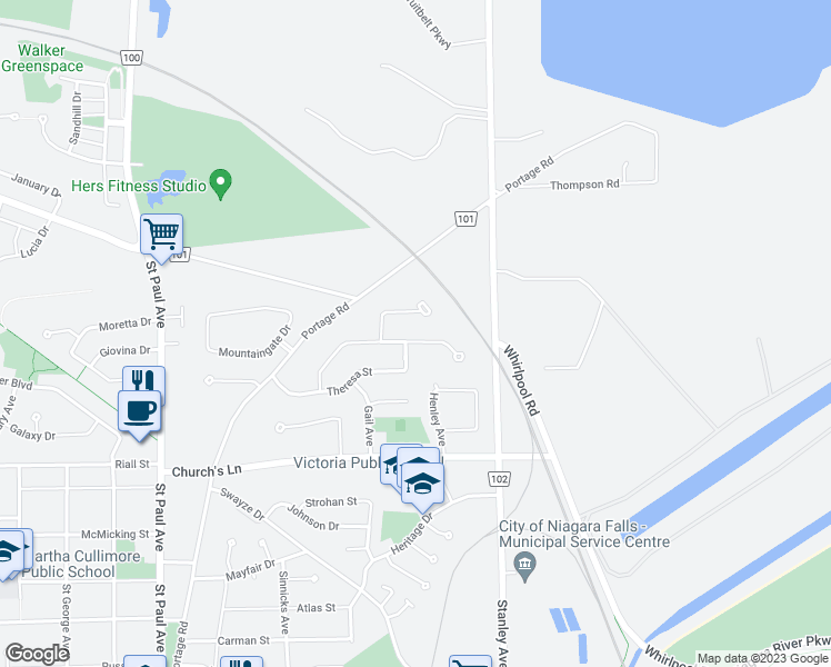 map of restaurants, bars, coffee shops, grocery stores, and more near 5711 Hillcrest Crescent in Niagara Falls