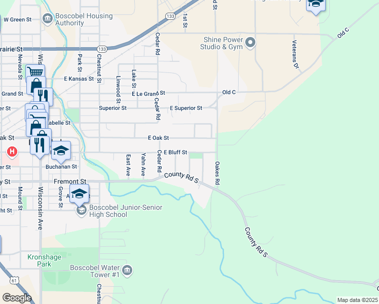 map of restaurants, bars, coffee shops, grocery stores, and more near 901 East Bluff Street in Boscobel