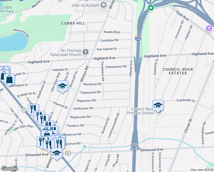 map of restaurants, bars, coffee shops, grocery stores, and more near 135 Monteroy Road in Rochester