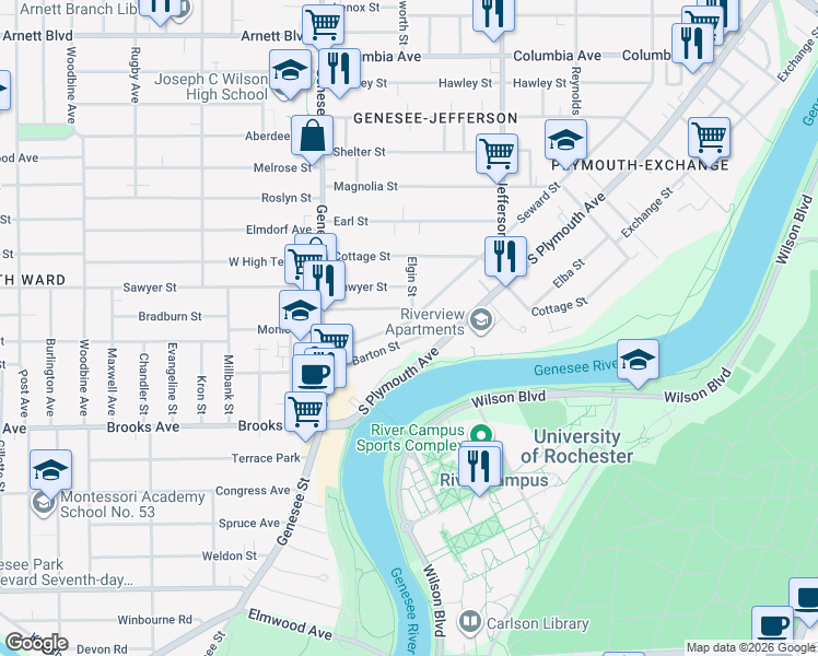 map of restaurants, bars, coffee shops, grocery stores, and more near 748 Seward Street in Rochester