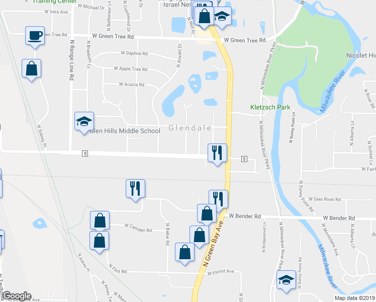map of restaurants, bars, coffee shops, grocery stores, and more near 1968 West Mill Road in Glendale