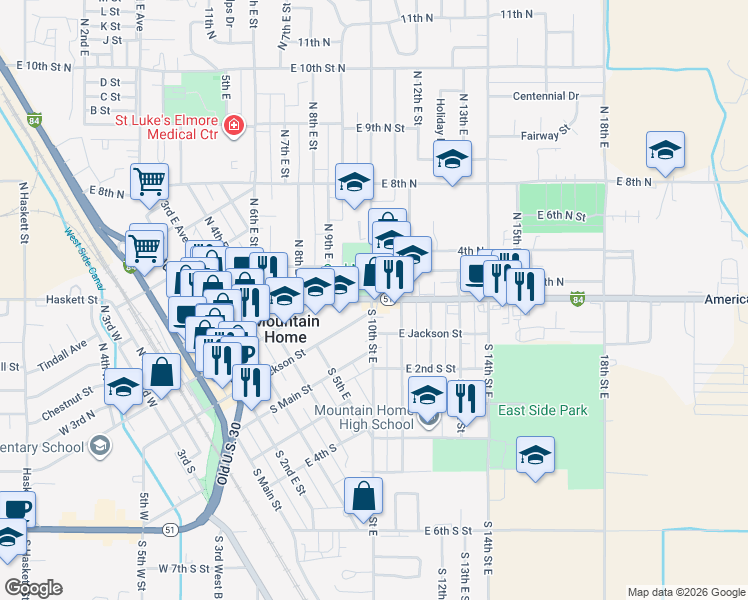 map of restaurants, bars, coffee shops, grocery stores, and more near 1000 American Legion Blvd in Mountain Home
