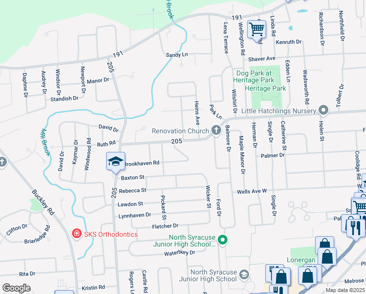 map of restaurants, bars, coffee shops, grocery stores, and more near 105 Meadowbrook Dr in North Syracuse