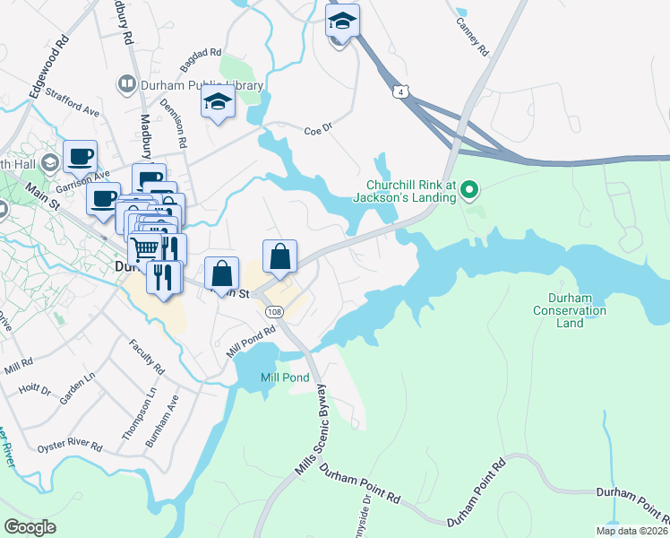 map of restaurants, bars, coffee shops, grocery stores, and more near 6 Old Landing Road in Durham