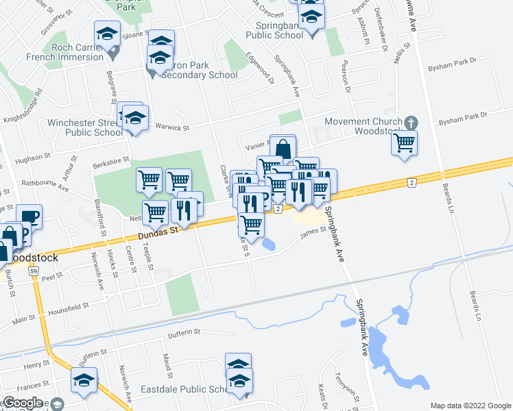 map of restaurants, bars, coffee shops, grocery stores, and more near 943 Dundas Street in Woodstock