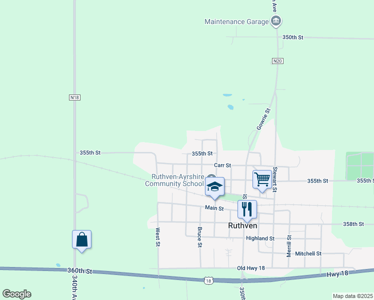 map of restaurants, bars, coffee shops, grocery stores, and more near 1101 355th Street in Ruthven